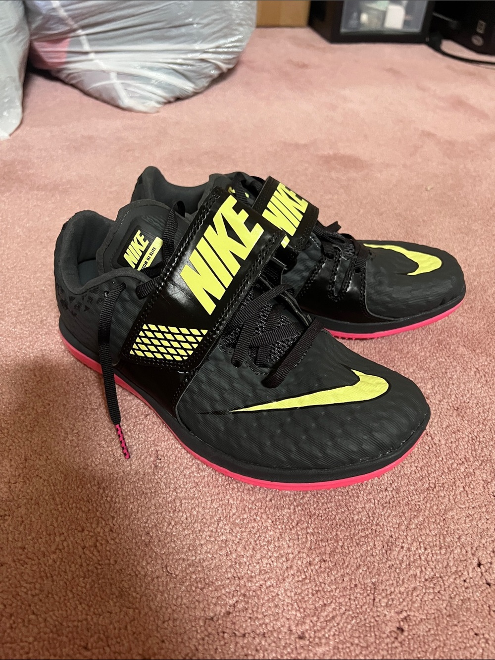 Nike Black Training Shoes with Yellow Swoosh and Pink Outsole with Spikes